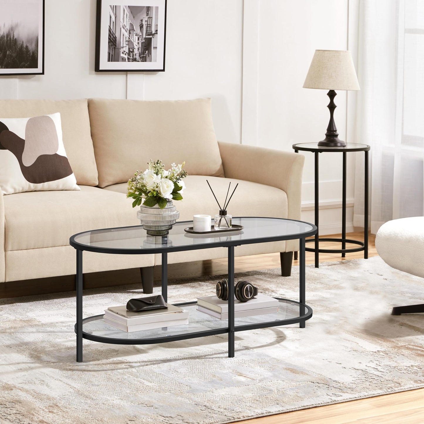 Yaheetech Glass Coffee Table, Black Small Center Table with Storage Shelf for Living Room Small Space, Apartment