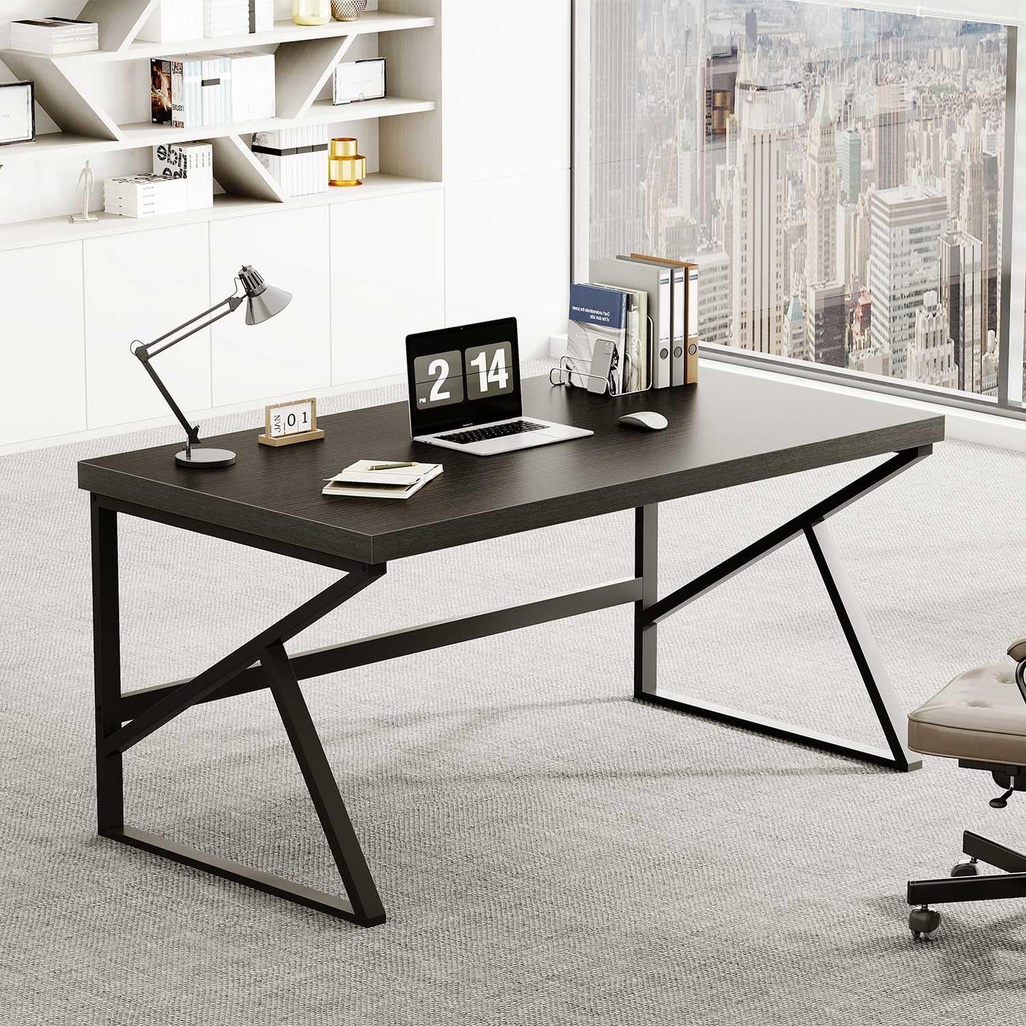 HSH Black Desk, Modern Industrial Home Office Computer Desk, Laptop PC Desk for Student Work Writing Study Gaming, Simple Metal and Wooden Computer Table in Bedroom Living Room Workstation, 55 Inch