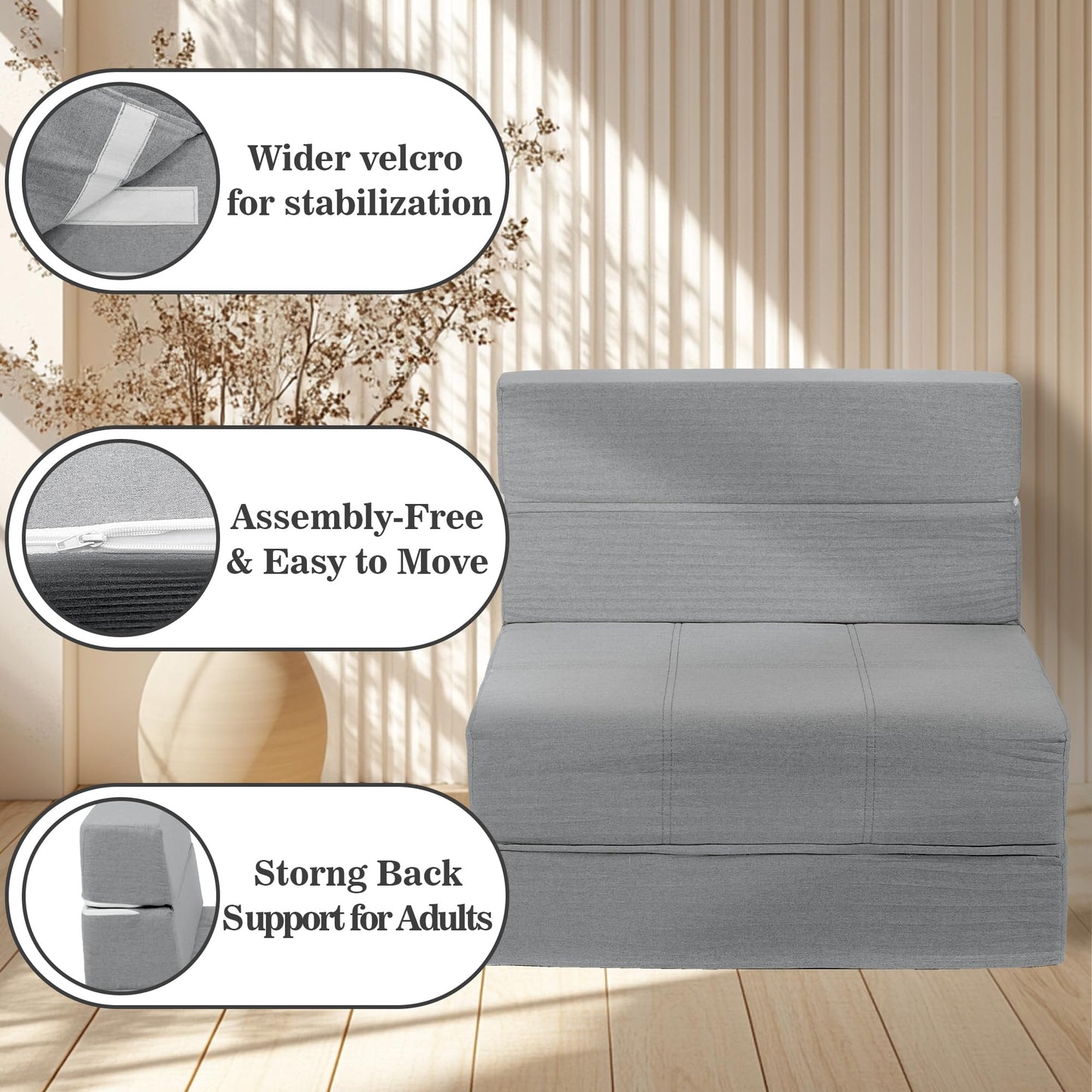 CATMIX Folding Sofa Bed, 7 inch Memory Foam Floor Couch, Convertible Sleeper Foldable Mattress Futon Sofa for Living Room/Home Office/Guest Beds/Apartment/Upstairs Loft, New Light Grey, Single