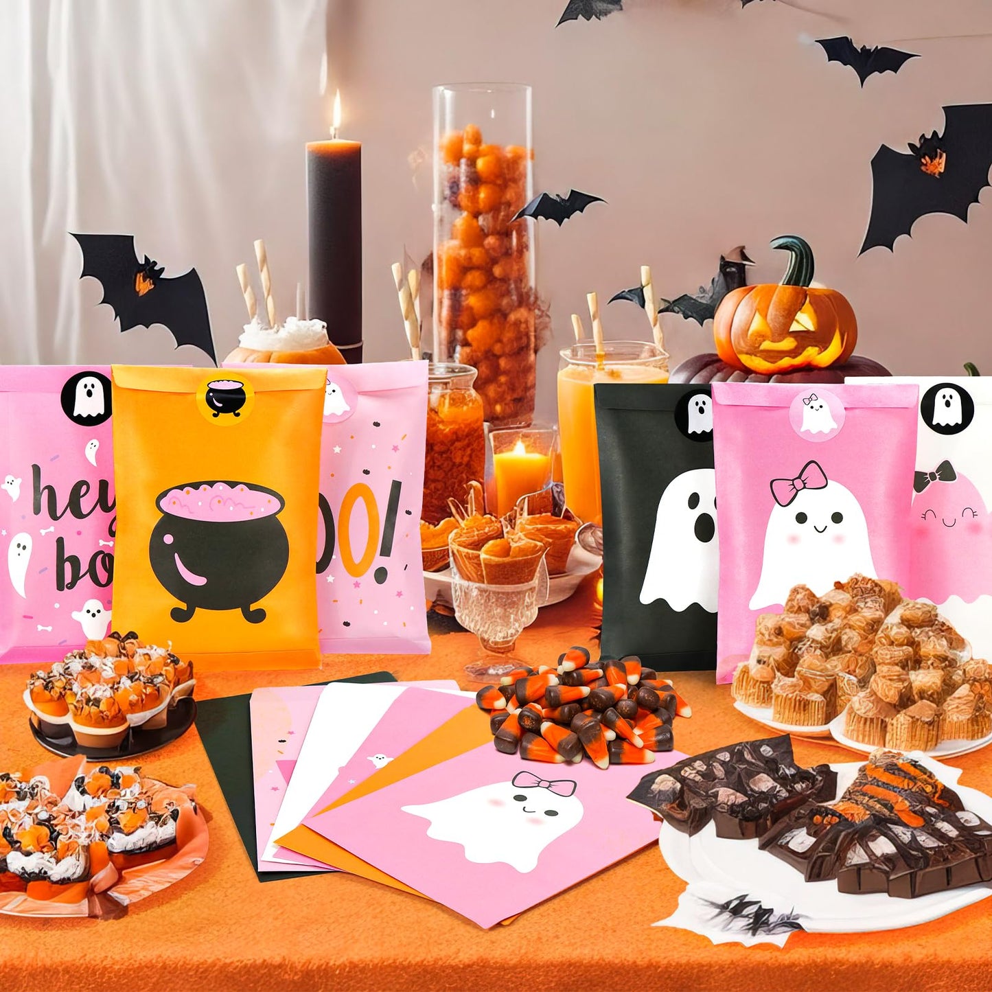 FHzytg 48Pcs Halloween Boo Party Favor Bags, Pink Halloween Ghost Candy Gift Bags for Girl Spooky Birthday Decorations Boo Baby Shower Happy Boo Day Decorations