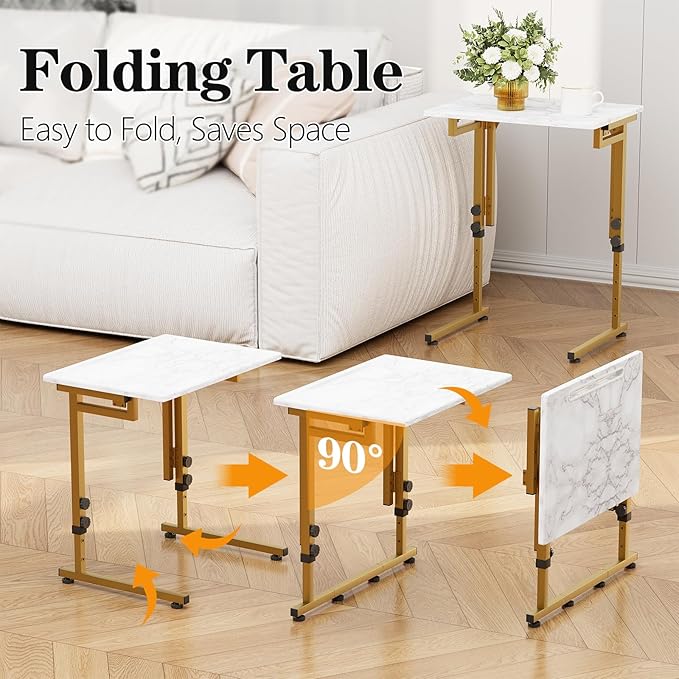 Katrawu Folding tv Tray Dinner Snack Table,6 Height Adjustable Slide Under Couch Side Table, Portable Small Foldable C-Shaped End Table for Eating with Sturdy MDF Top,No Assembly(White Marble+Gold)