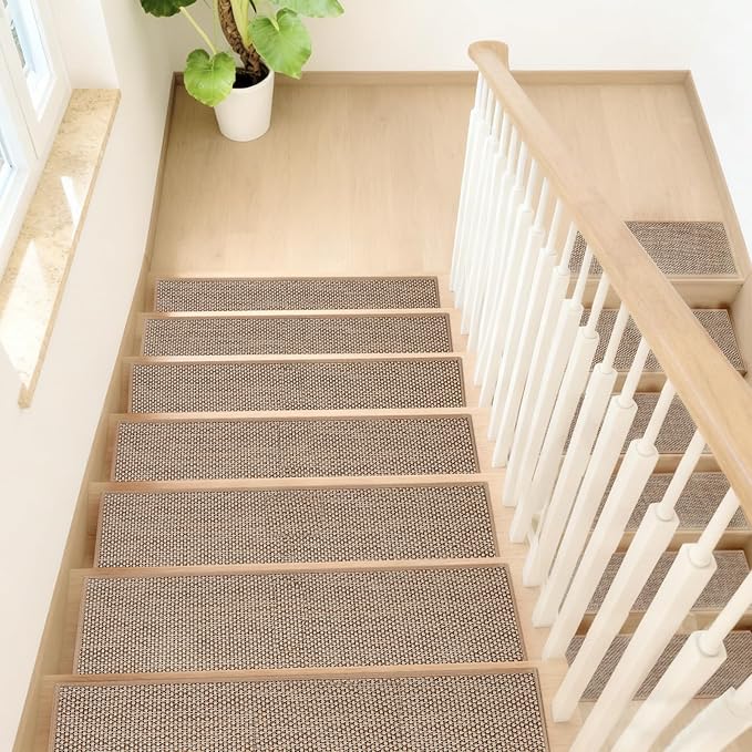 Stair Treads Non Slip, 15 Pack 8" X 30" Beige Stair Runners for Wooden Steps Non Slip with Reusable TPE Adhesive Backing, Carpet Stair Treads for Kids Elders and Pets, Machine Washable, Anti-Fall