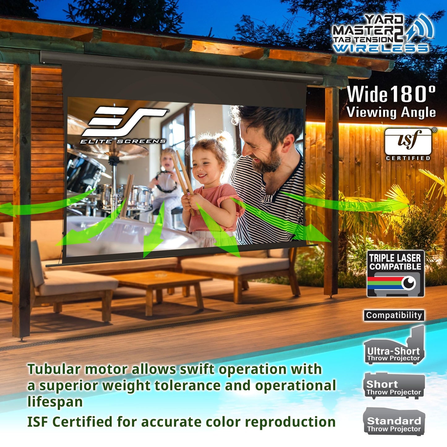 Elite Screens Wireless Dual Electric Tab-Tension,150-INCH Outdoor Motorized Projector Screen Built-in Battery IP33 Rated Water Protection, OMS150HT-ELEDUAL-BAT