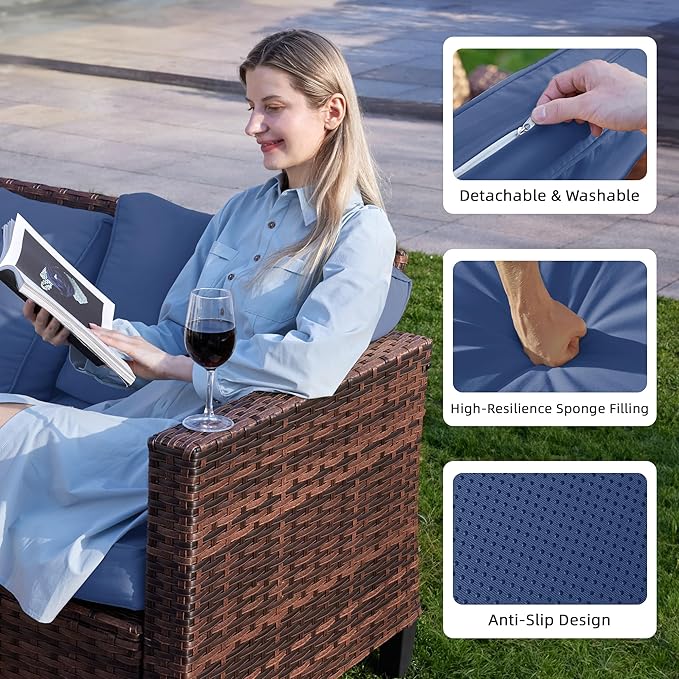 UDPATIO Patio Furniture Set, 6 Pieces Outdoor Furniture Sets with Rocking Swivel Chairs, Wicker Rattan Outdoor Conversation Set with Storage Table and Waterproof Covers for Backyard, Deck, Porch, Navy