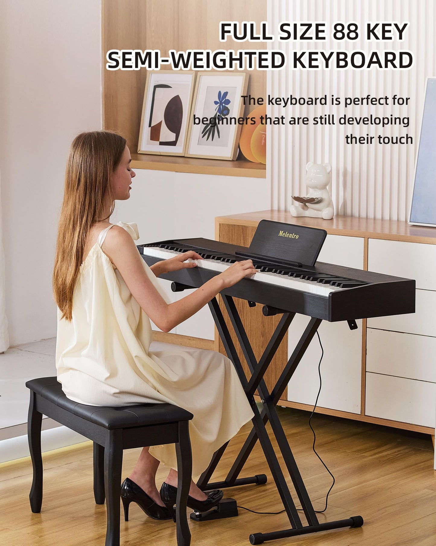 Melentro Digital Piano 88 key Semi Weighted Keyboard With X Stand & Sustain Pedal, Full-Size Beginner Electric Piano For Bluetooth, Headphone Mode, USB-MIDI