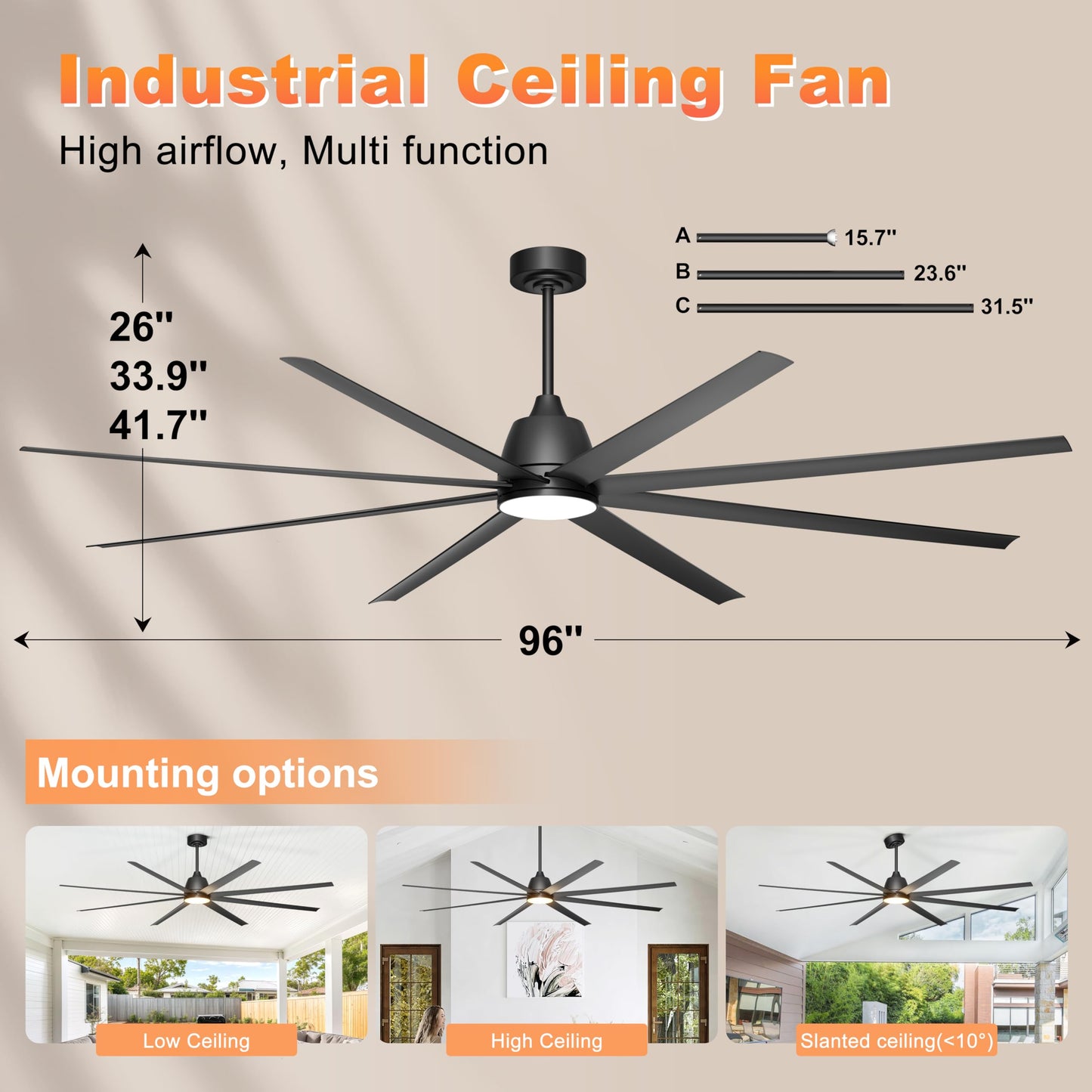 Phylluz 96 Industrial Ceiling Fans With Lights, Large Ceiling Fan With Remote/App Control, Outdoor Ceiling Fans With 8 Blades, 3