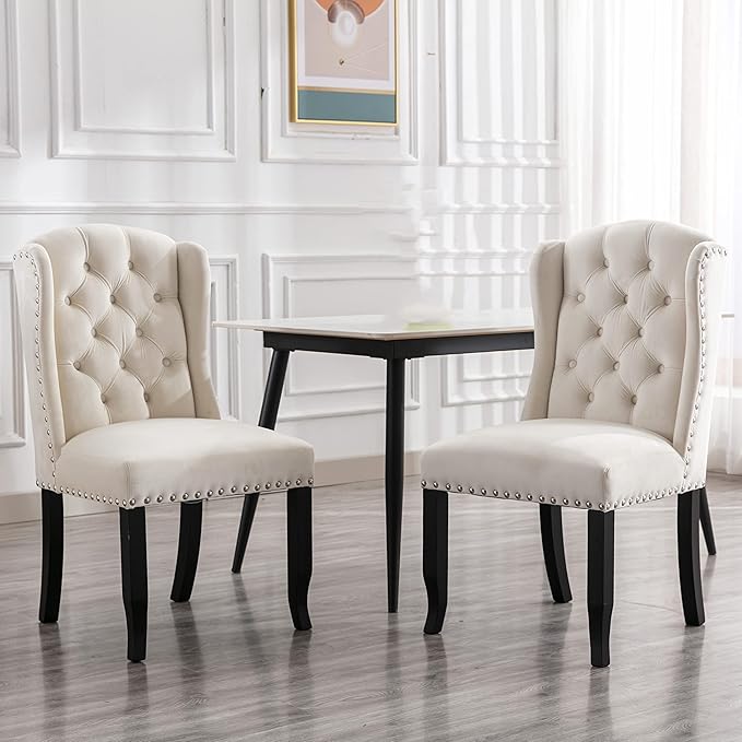 DUOMAY Modern Tufted Dining Chairs Set of 2, Velvet Upholstered Dining Room Chairs Armless Guest Side Chair for Kitchen Dining Room, Wingback Accent Chairs with Solid Wood, White