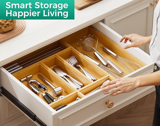 Bamboo Kitchen Drawer Organizer Boxes – 15" x 6" Stackable Wood Silverware Utensil Tray for Drawers Bins, Cutlery & Flatware Storage – Wooden Organizers Set of 2 for Junk Drawer, Bathroom, RV