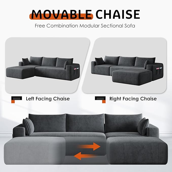 Domiqut 108" Cloud Couch Modular Sectional Sofa for Living Room,L-Shaped Boneless Couch with Deep Seat Chaise,No Assembly Required Foam Sleeper Sofa for Apartments,Plush Corduroy Fabric, Dark Gray