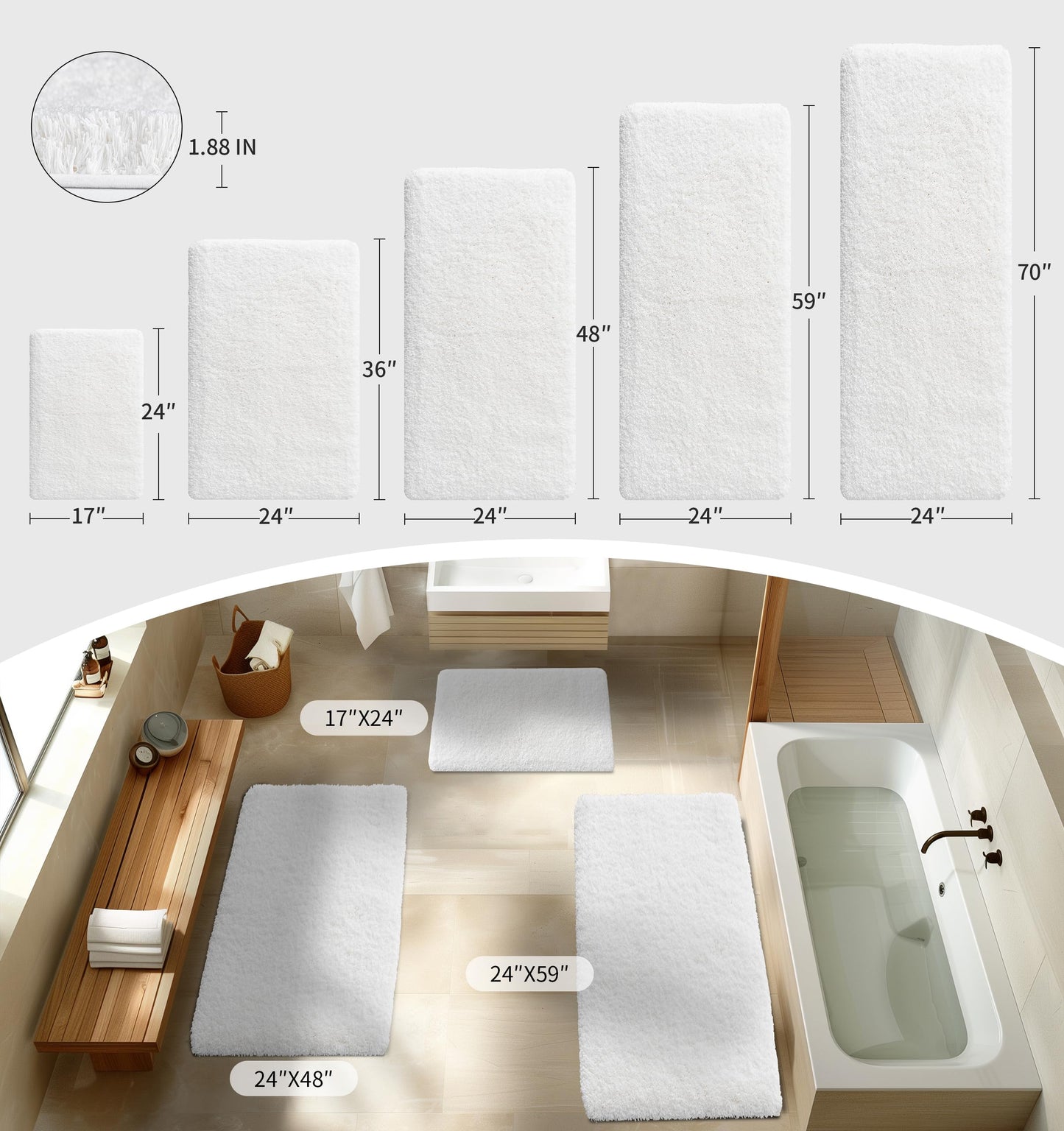 Disolla Small Bathroom Rugs 17x24 Non Slip White Fluffy Bath Mat for Bathroom Floor Machine Washable Plush Luxury Bath Rug for Tub Soft Shaggy Absorbent Shower Mat