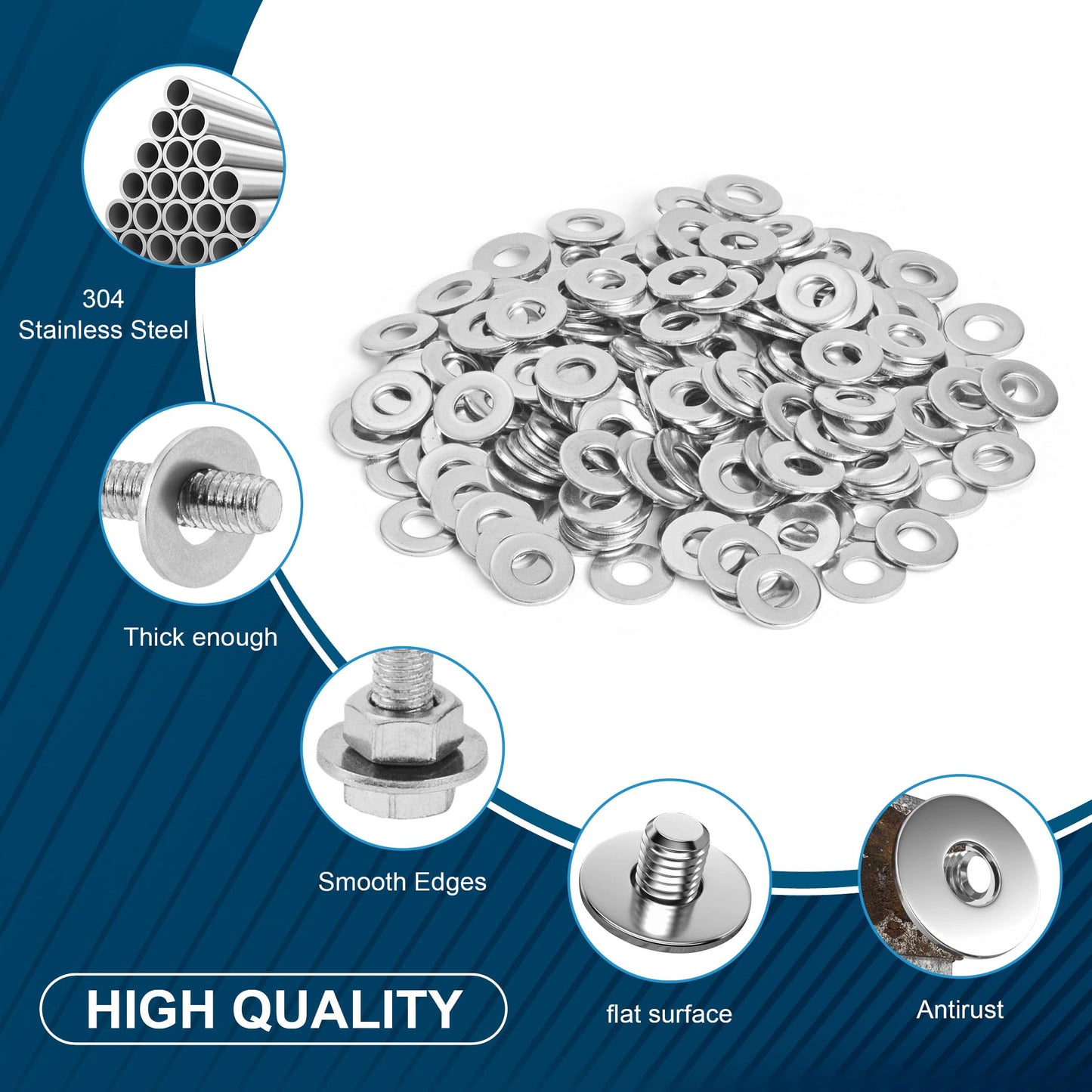 Kirphealy 100Pcs Flat Washers for Screws, 1/4" Small Washer, Premium 18-8 (304) Stainless Steel Washers for Bolts, Anti-Rust, Heavy Duty Washers Set-Industry-Widely Used