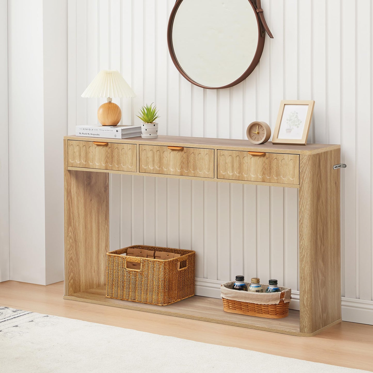 affeivul Entryway Table with Storage, Narrow Console Table with 3 Drawers, Boho 51.18' Couch Table Behind Sofa Skinny Long for Living Room TV, Hallway Entrance Entry Foyer