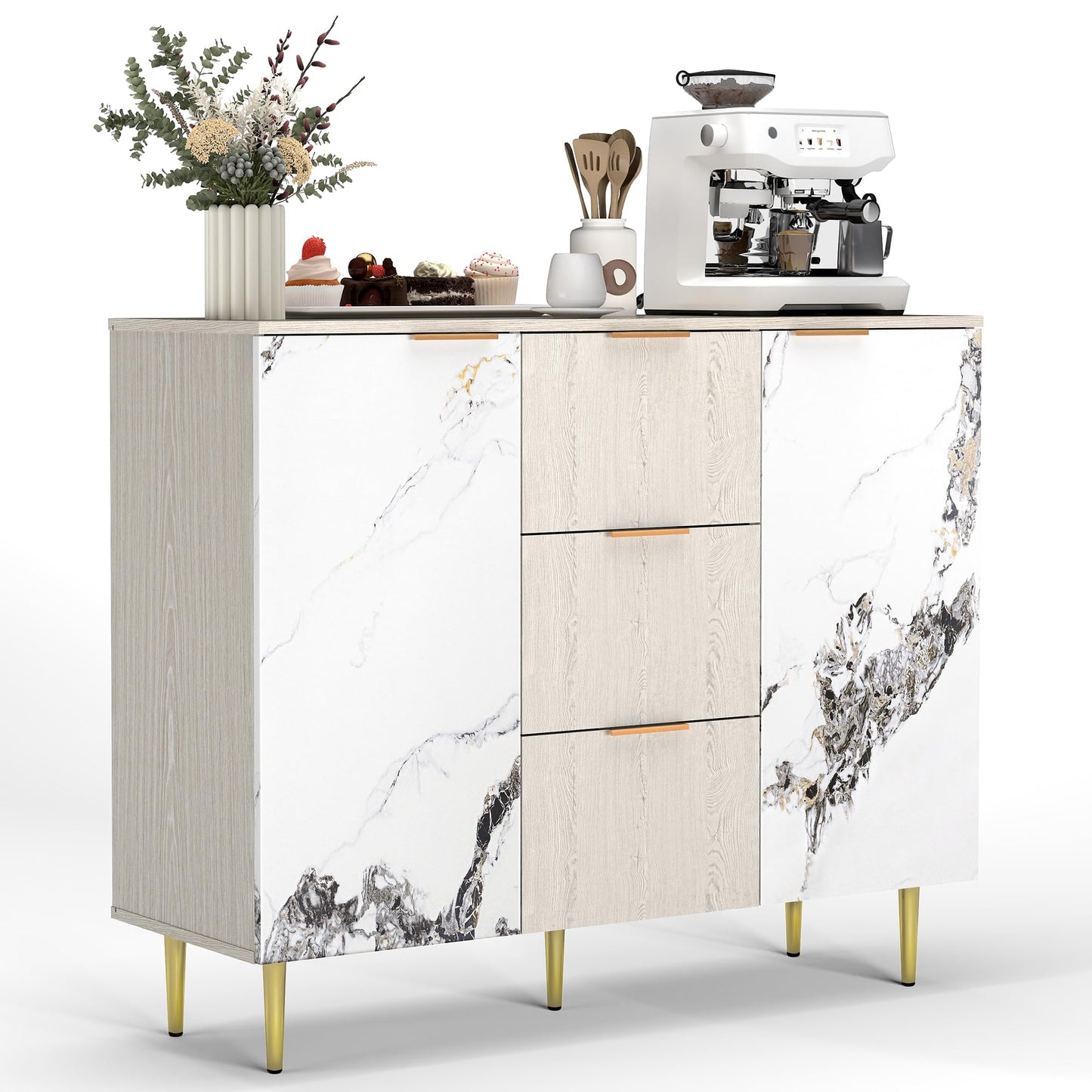 LubanNese Buffet Sideboard Cabinet with Storage, Modern Sideboard with 3 Drawers, Credenza Accent Cabinet, Wood Console Table Coffee Bar for Kitchen, Dining Room, Entryway
