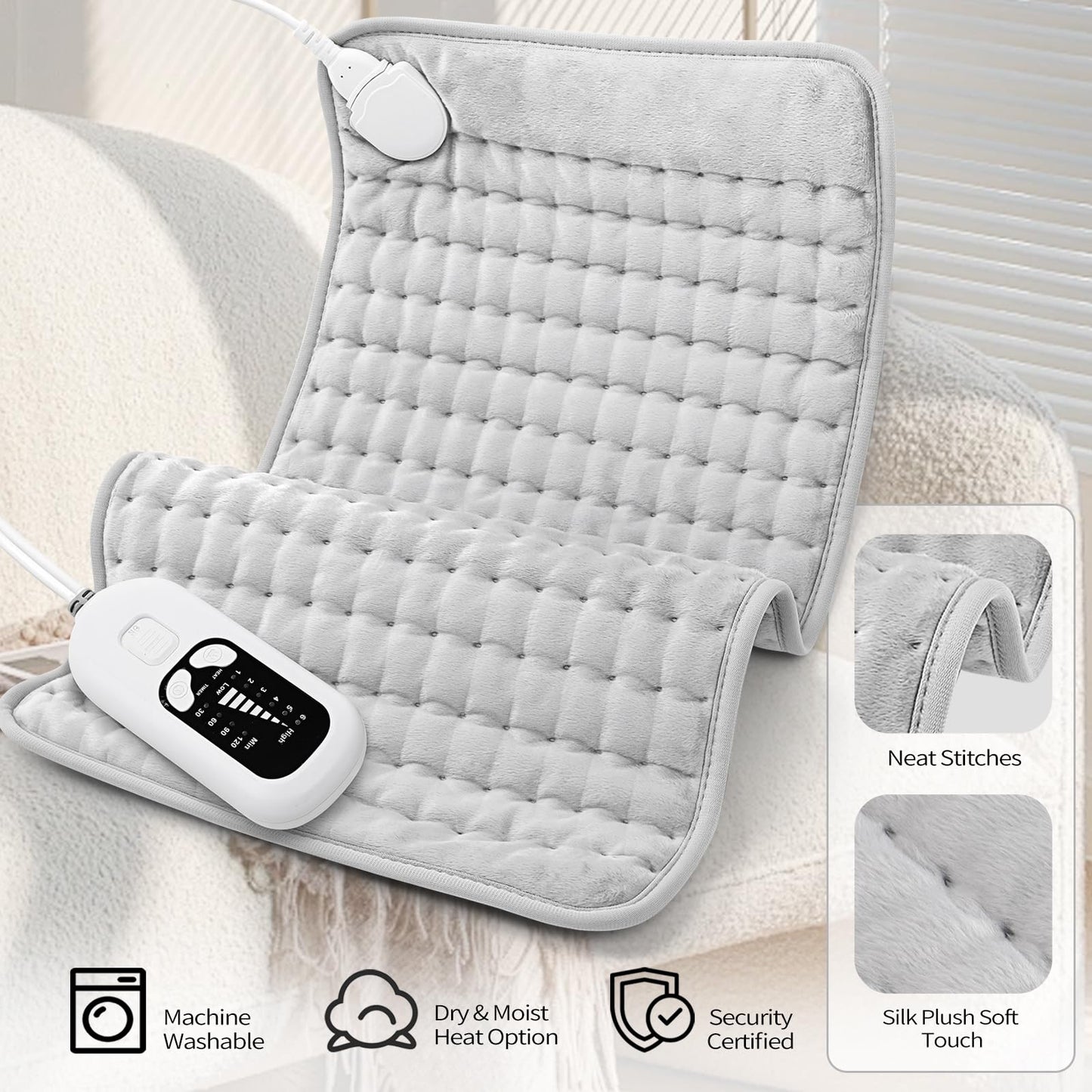 Deepsoon Heating Pad,Electric Heating Pads for Back,Neck,Abdomen,Moist Heating Pad for Shoulder,Knee,Arms,Legs,Dry/Moist Heat & Auto Shut Off,Christmas Gifts for Men and Women,White Gray,24x12 Inch