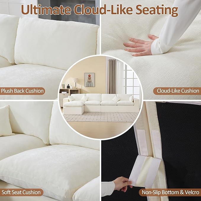 155''Cloud Boneless Modular Couch, Oversized Sectional Sofa Deep Seat with Ottomans, Modern Upholstered Convertible L Shape Couch Comfy 5 Seater Chenille Sofa Couches for Living Room, Beige