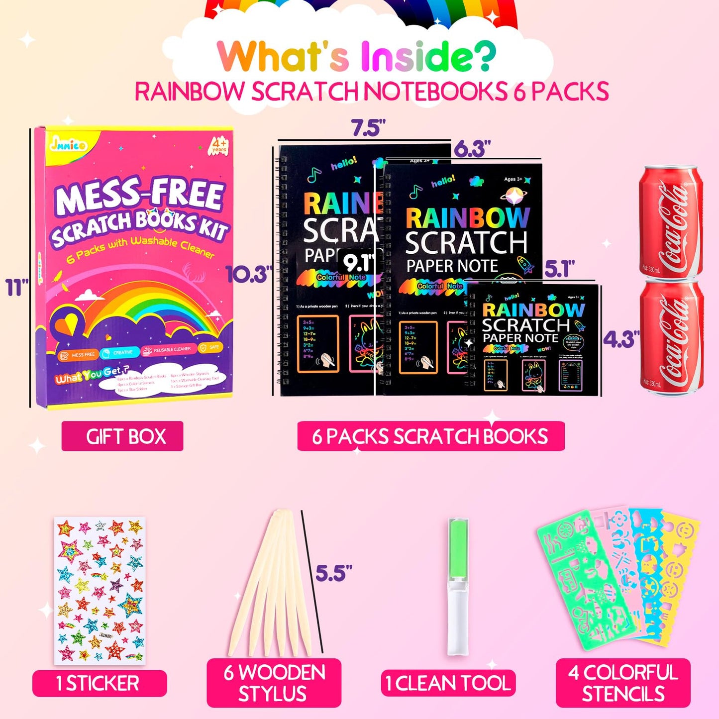 JMMICO Rainbow Scratch Notebook 6 Pack, Scratch Art for Kids with Reusable Cleaner Tool, Mess-Free Crafts for Kids Ages 4-8, Travel, Party, Back to School Gifts for 4 5 6 7 8 9 Year Old Girl Boy