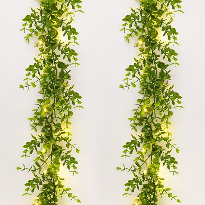 Dolicer 2 Packs Eucalyptus Garland with LED Lights String, 12FT Faux Eucalyptus Greenery Garland, Artificial Hanging Green...
