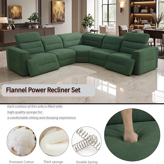 Power Recliner Sectional Sofa Set with USB Ports, Flannel Recliner Sofa Set with Adjustable Headrest, Reclining Sectional Couches, L-Shaped Living Room Furniture Set (Green, 5-Seater)
