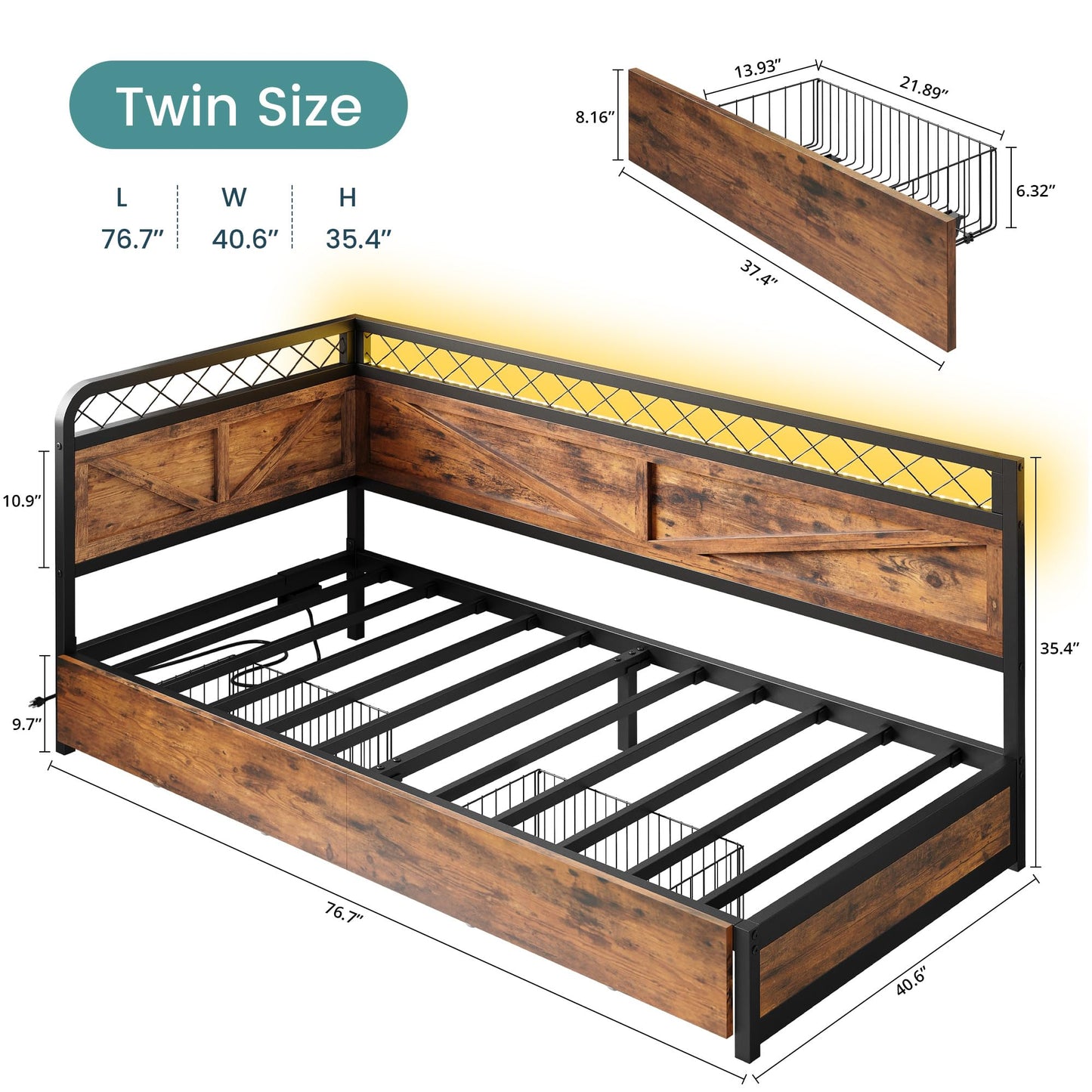 ANCTOR Twin Daybed with Storage Drawers, Corner Bed Frame with LED Lights and Charging Station for Living Room, Bedroom and Guest Room, Industrial Brown