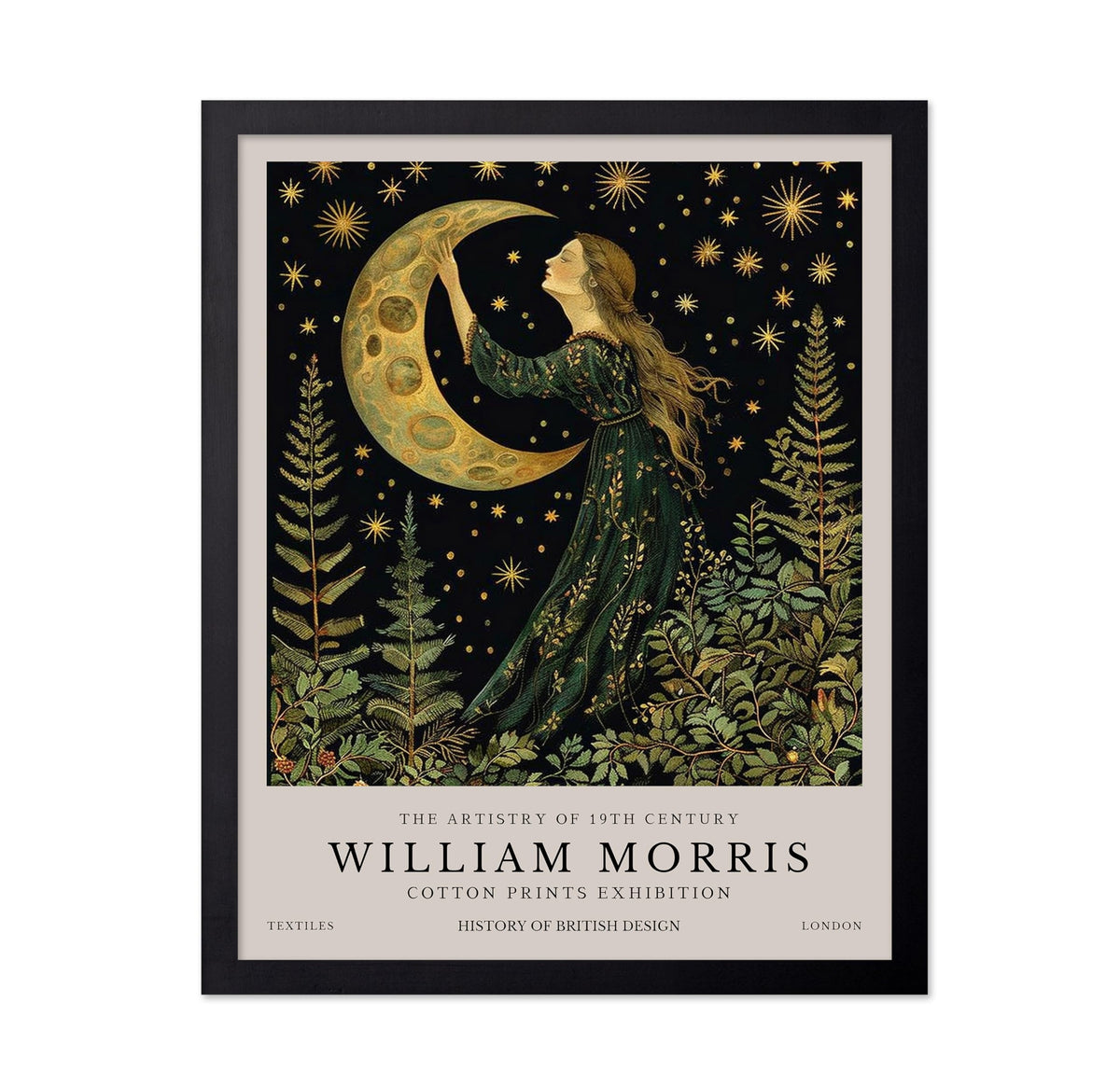 Monem Art William Morris Poster - Victorian Moon Print - Botanical Art - Exhibition Art - Moon and Stars Art - Floral Art - Aesthetic Living Room or Bedroom Wall Decor - 11x14 Black Framed