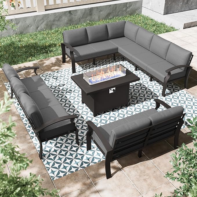 RTDTD Aluminum Outdoor Patio Furniture Set,11 Seats Patio Conversation Sets with 45" Propane Fire Pit Table,Metal Patio Sectional Furniture Set with 5.1" Thickened Cushions,Grey
