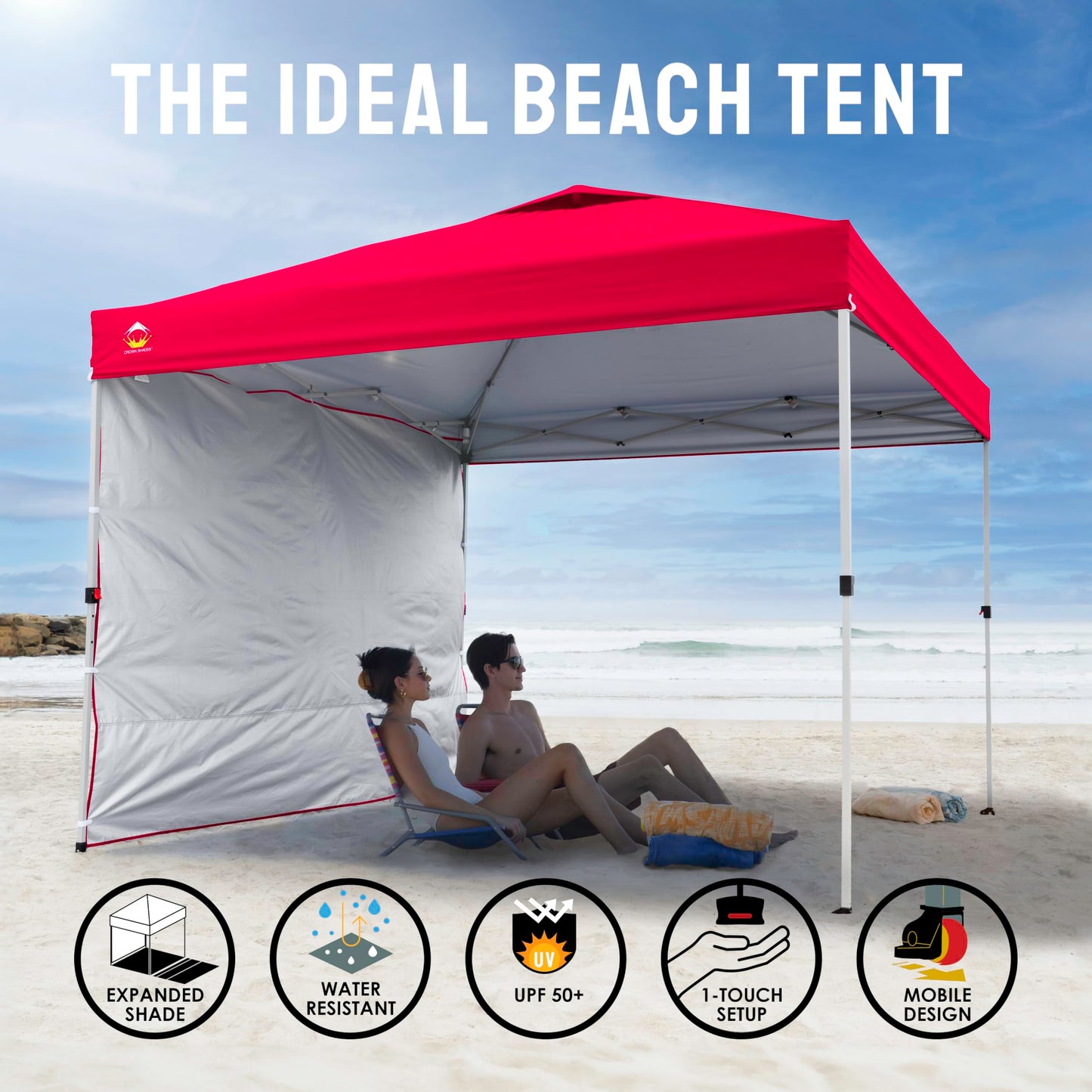 CROWN SHADES 10x10 Pop Up Canopy with 1 Side Wall - Beach Tent with One Push Setup - Outdoor Sun Shade for Events, Parties, Camping - Gazebo with STO-N-Go Cover Bag (Red)