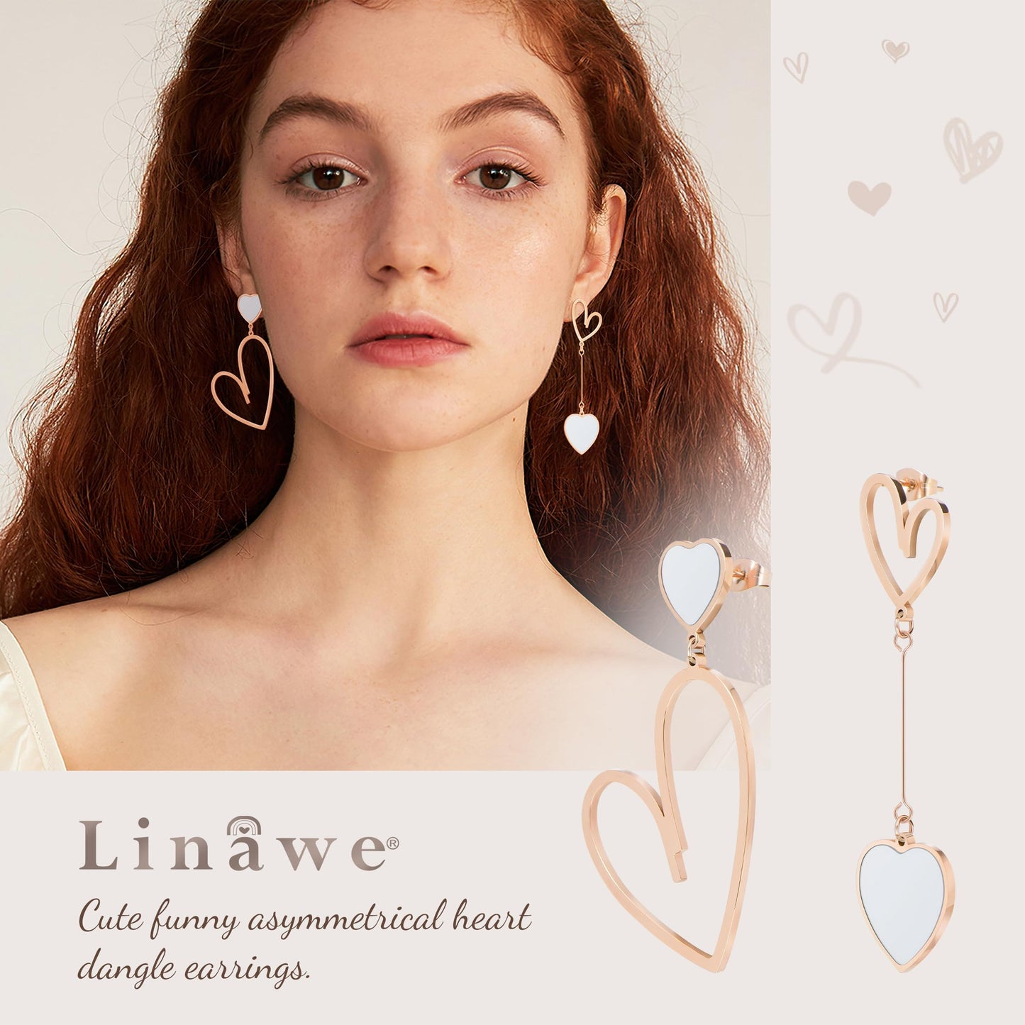 Linawe Rose Gold Heart Earrings for Women, Titanium Stainless Steel Drop Dangle Earrings, Hypoallergenic Unique Big Asymmetrical