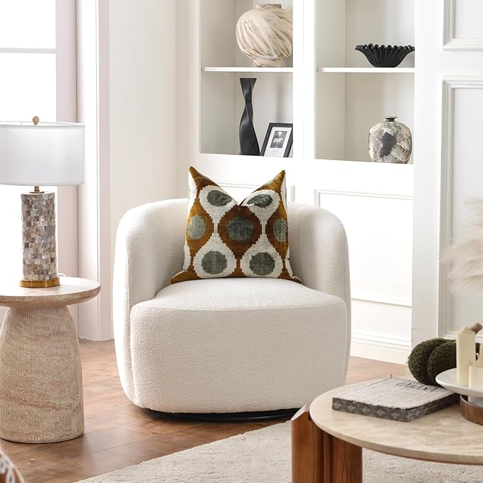 KINWELL 34" Wide Boucle Swivel Barrel Chair, No Assembly Round Upholstered Armchair Accent Chair Single Sofa Chair with Toss Pillow for Living Room and Bedroom, Beige