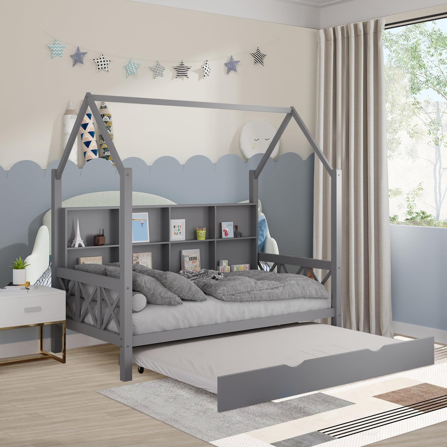 HUMEHA Full House Bed with Trundle and Storage Shelf for Kids, Wooden Full Size Bed Frame with Roof Guardrails Wood Slats Headboard for Boys Girls,No Box Spring Required, Gray