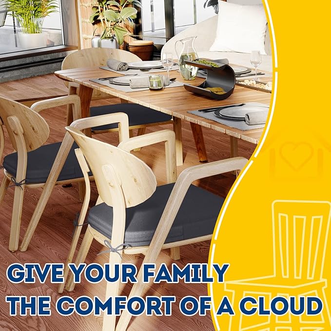 AAAAAcessories D-Shaped Chair Cushions, 2" Thick Dining Chair Pads with Ties and Removable, Machine-Washable Cover, 17" x 16", Set of 8, Dark Grey