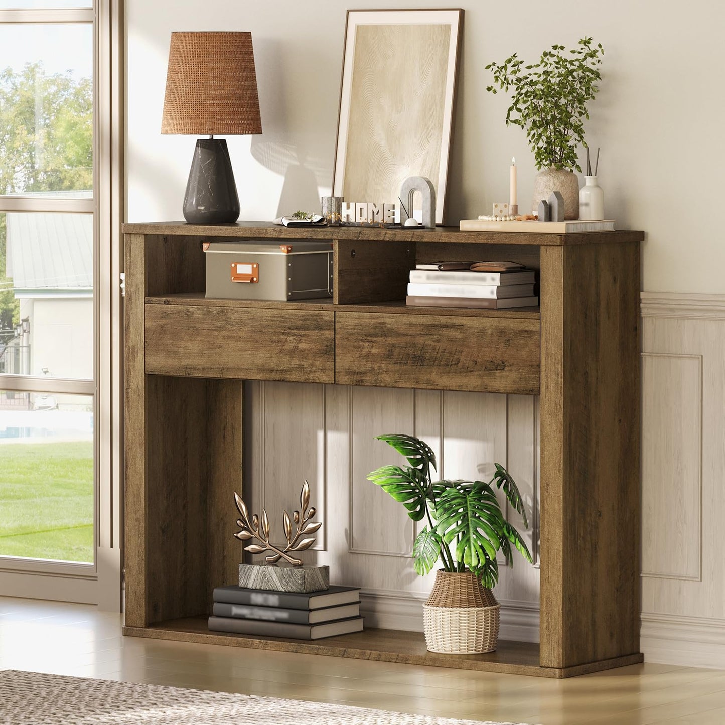 RALGEND 43.3 Inches Console Table, Narrow Entryway Table with 2 Drawers, 2 Compartments and Bottom Shelf, Farmhouse Hallway Accent Table for Entryway, Living Room, Foyer, Hallway, Dark Brown
