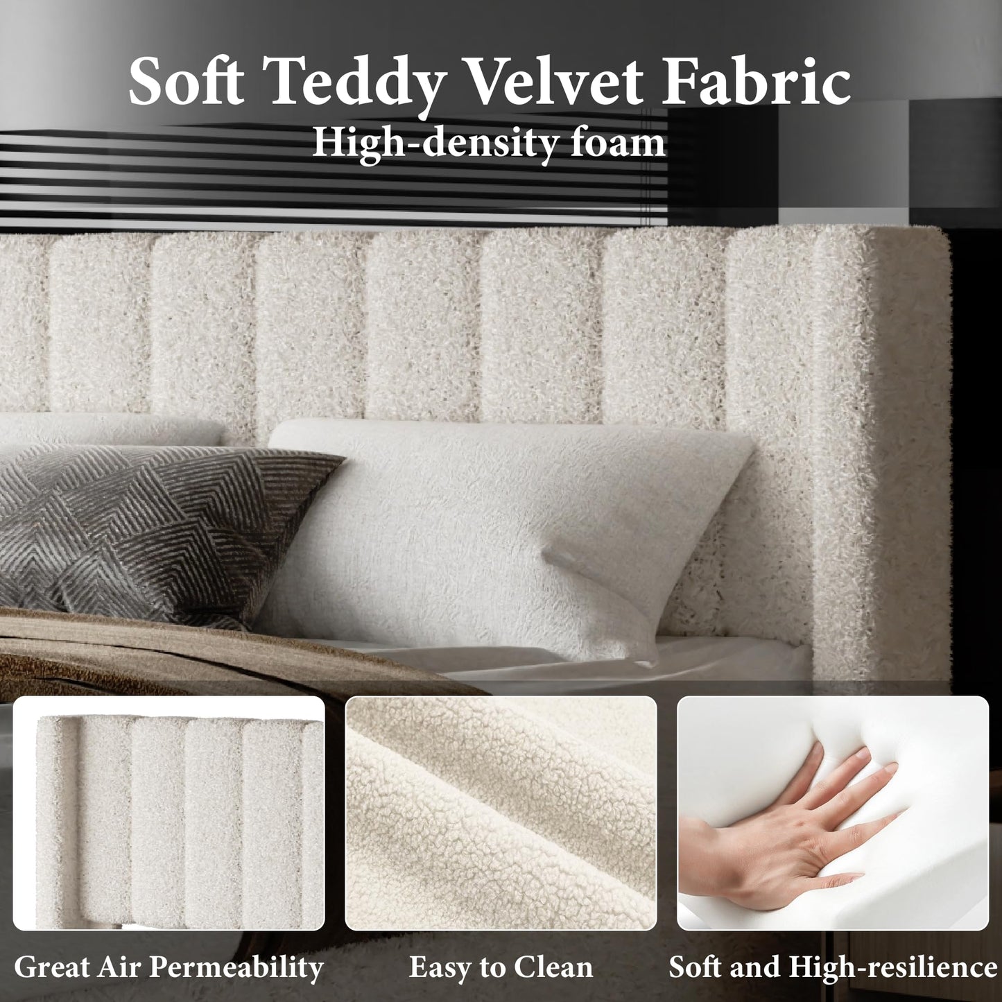 Full Bed Frame with Headboard Upholstered Platform Bed Frame with Teddy Velvet Headboard, Wooden Slats Support/Wing Edge Design/No Box Spring Needed/Easy Assembly, Beige Full