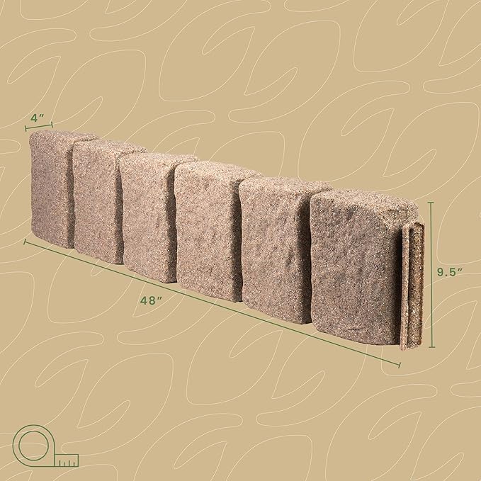 Beuta Landscape Edging | Garden Edging Border | Faux Stone Block XL for Lawn Edging, Flower Beds & Yard Edging – 10 Pack | Each Section Has 6 Blocks 48" L x 4" W x 9.5" H | 30 Spikes | Sandstone