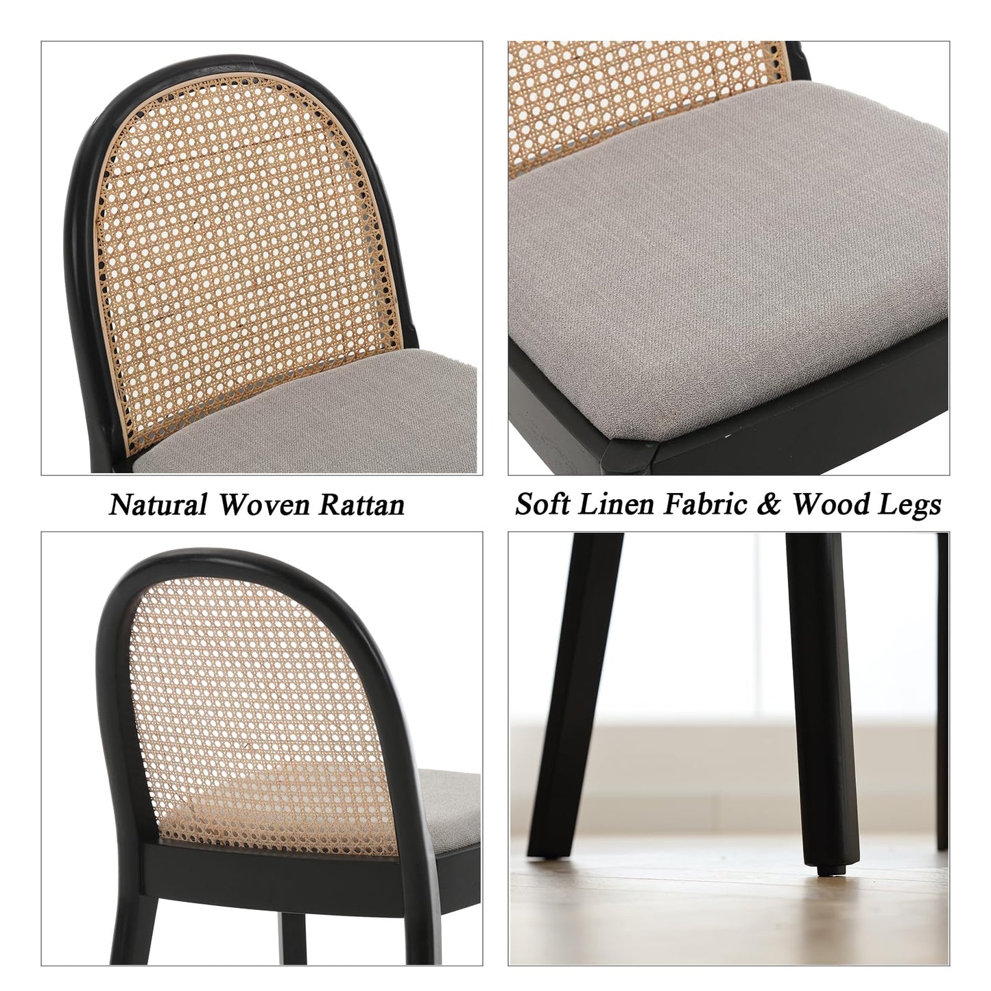 DUOMAY Mid-Century Modern Rattan Dining Chairs Set of 4, Wooden Dining Room Chair with Cane Backrest and Padded Seat, Grey Linen Upholstered Dining Chair, Black Finish