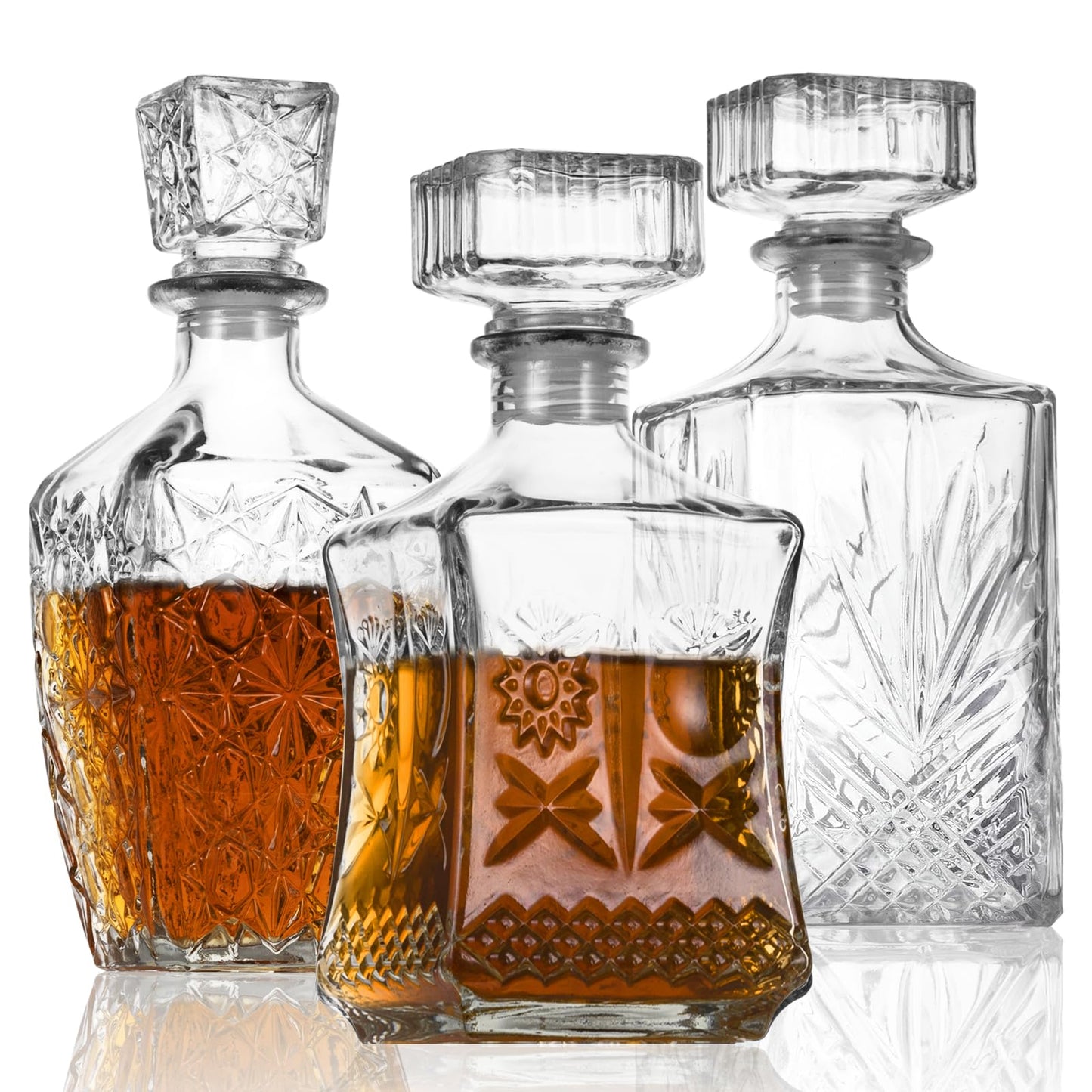 LAWADACH Whiskey Decanter, Liquor Decanters Set of 3, Glass Alcohol Bottle for Vodka, Tequila and Bourbon Unique Whiskey Bar and Party Decorations (28oz*2, 31oz*1)