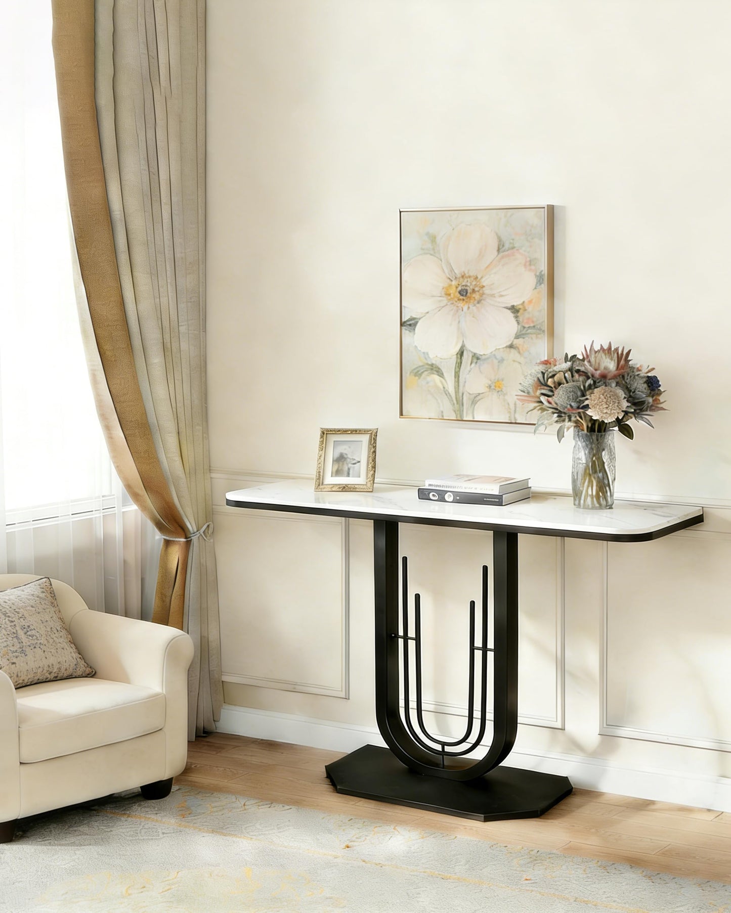 39.37'' Rectangle Narrow Console Table with Marble Top, Elegant Sofa Table Modern Entryway Tables, Round-Shaped Metal Frame, for Entry, Behind Sofa Couch, Entrance, White & Black Metal Base