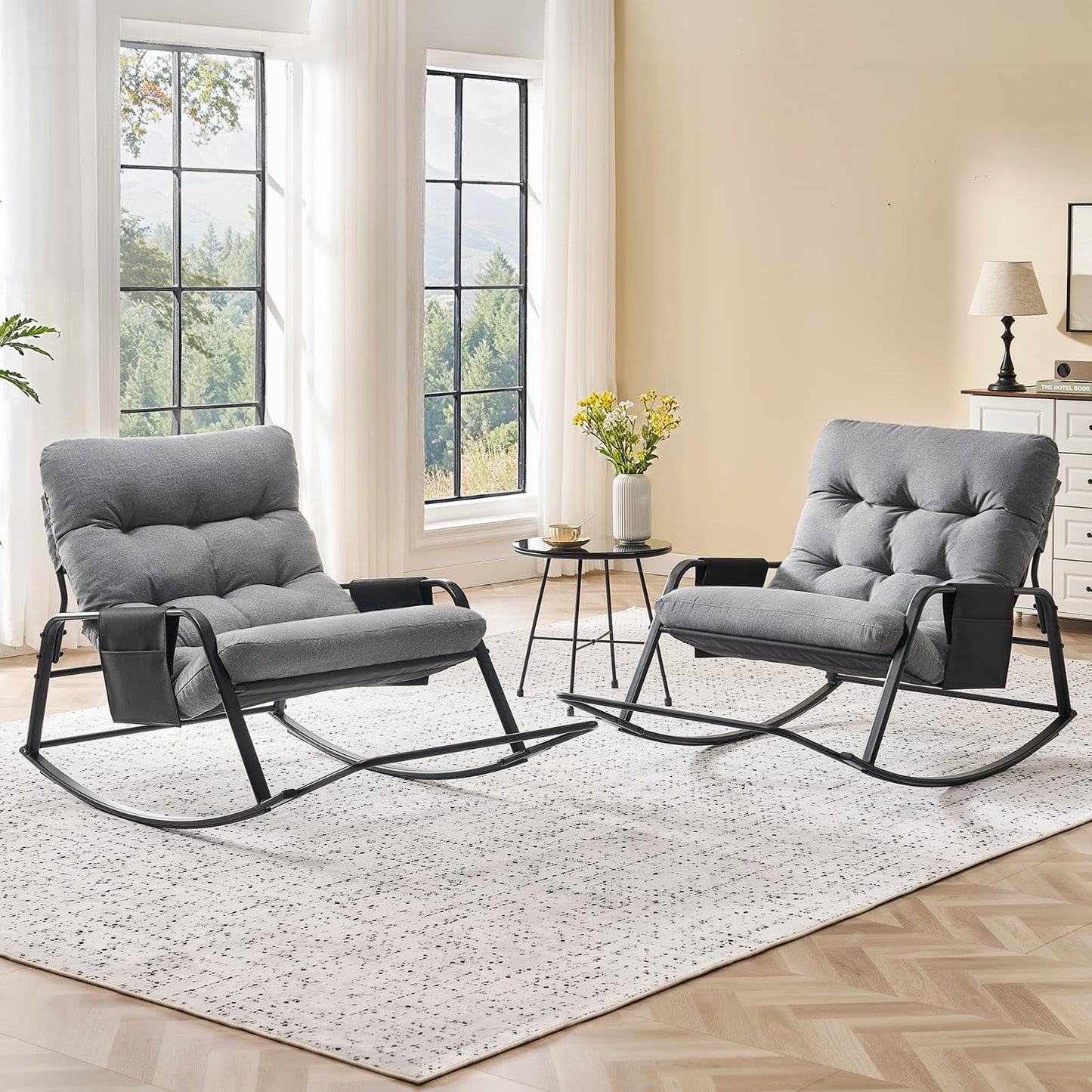 Outdoor Rocking Chair, Oversized Papasan Chair with Padded Cushion, Indoor & Outdoor Rocker Chair for Living Room, Bedroom, Patio, Garden, Gray