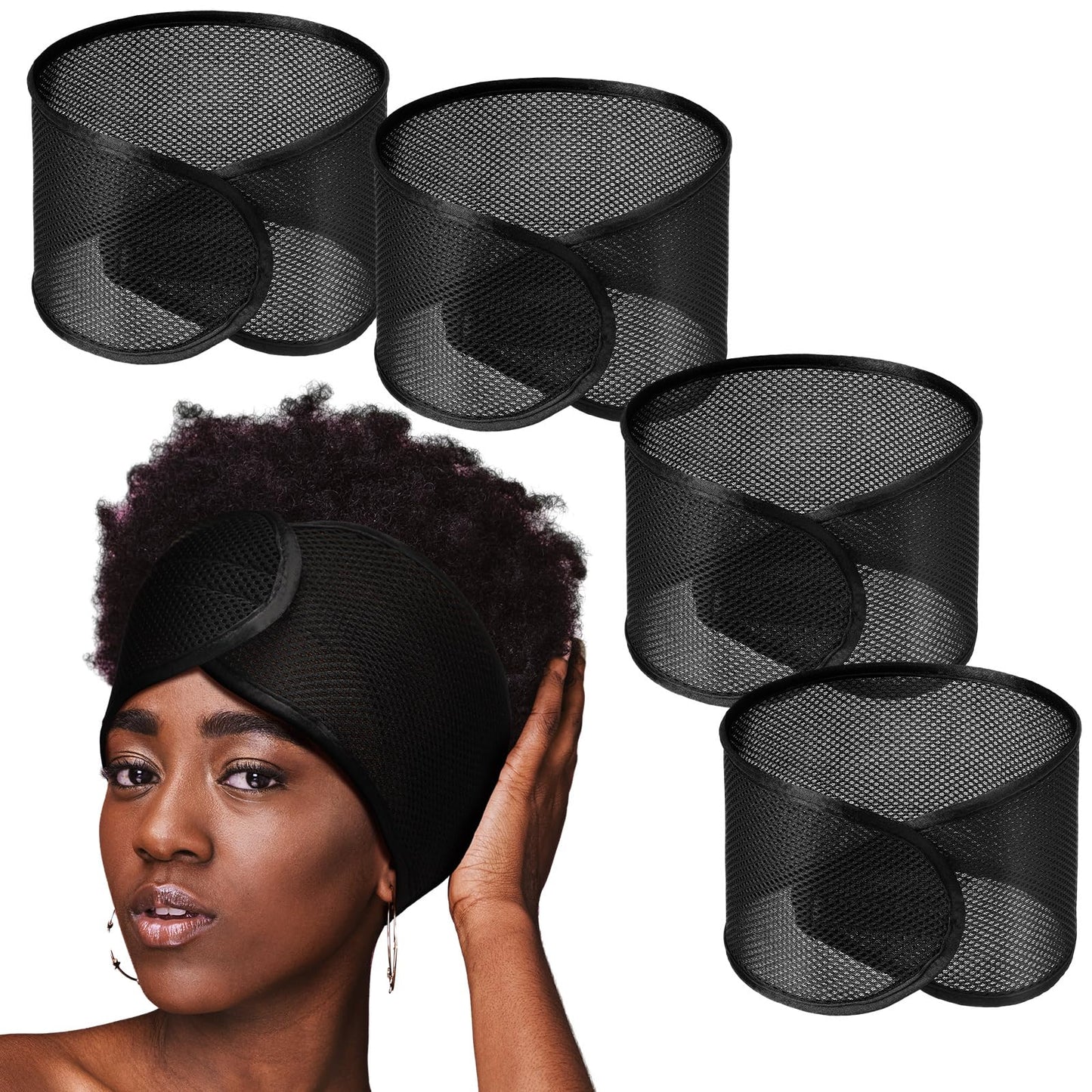 Xuhal 4 Pieces Mesh Hair Wraps for Black Women - Sleeping Hair Scarf Cap, Spa Headbands, Natural Wash Face Sleep(Black)