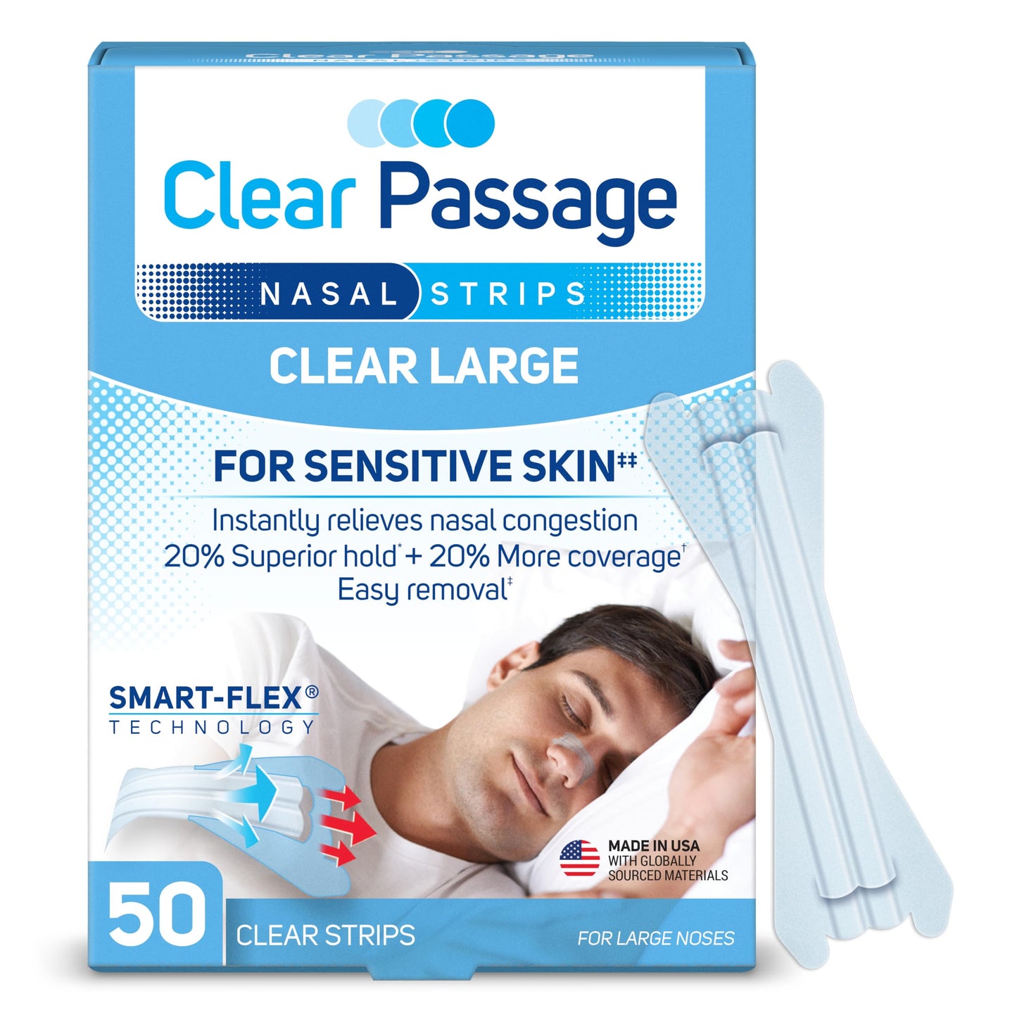 Clear Passage Nasal Strips Large, Clear, 50 ct | Works Instantly to Improve Sleep, Reduce Snoring, Relieve Nasal Congestion Due to Colds & Allergies