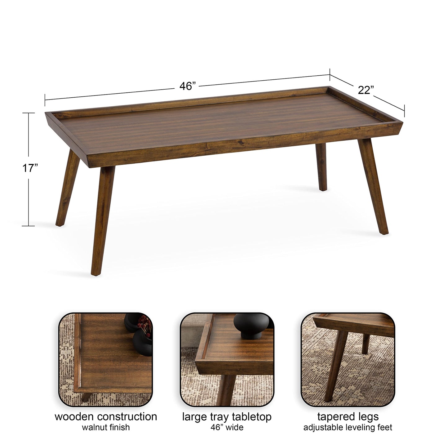 Kate and Laurel Eastmont Rectangle Wood Coffee Table; 46 x 22 x 17; Walnut Brown; Large Mid-Century Wooden Living Room Table with Stylish Tapered Legs and Adjustable Feet