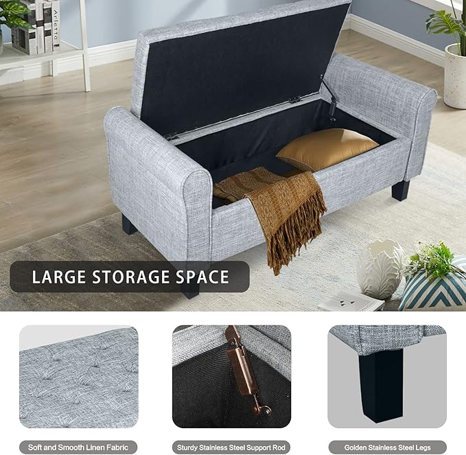 Babion Storage Bench for Bedroom, Button Linen Fabric, 51 Inch, End of Bed Storage, Upholstered Rolled Arm Window Seat with Solid Wood Legs, Dark Grey
