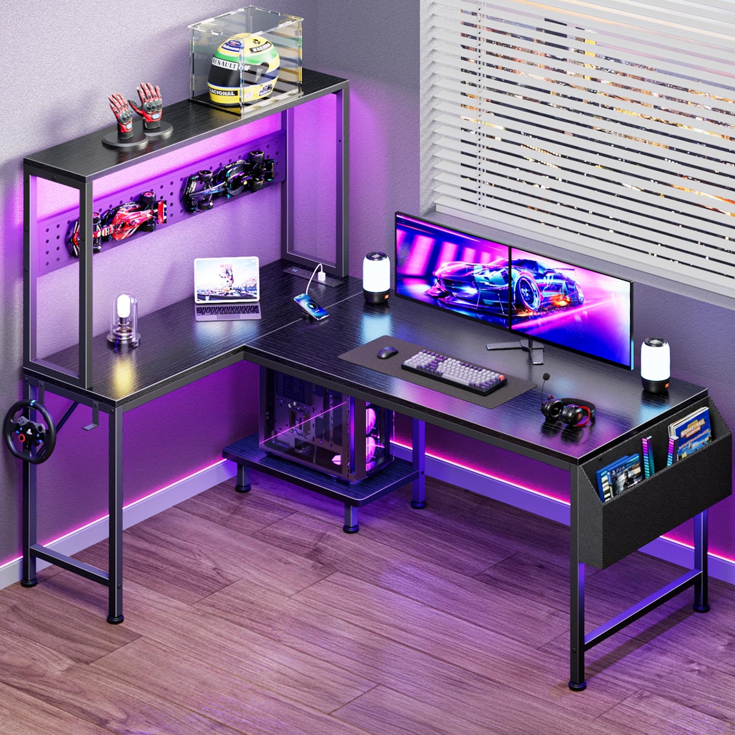 PRAISUN 51.2" L Shaped Gaming Desk with Power Outlets & USB-C Port, LED Lights, Computer Desk with Pegboard, Corner Desk with Storage Shelves & Bag, Office Desk with CPU Stand for Home Office, Black