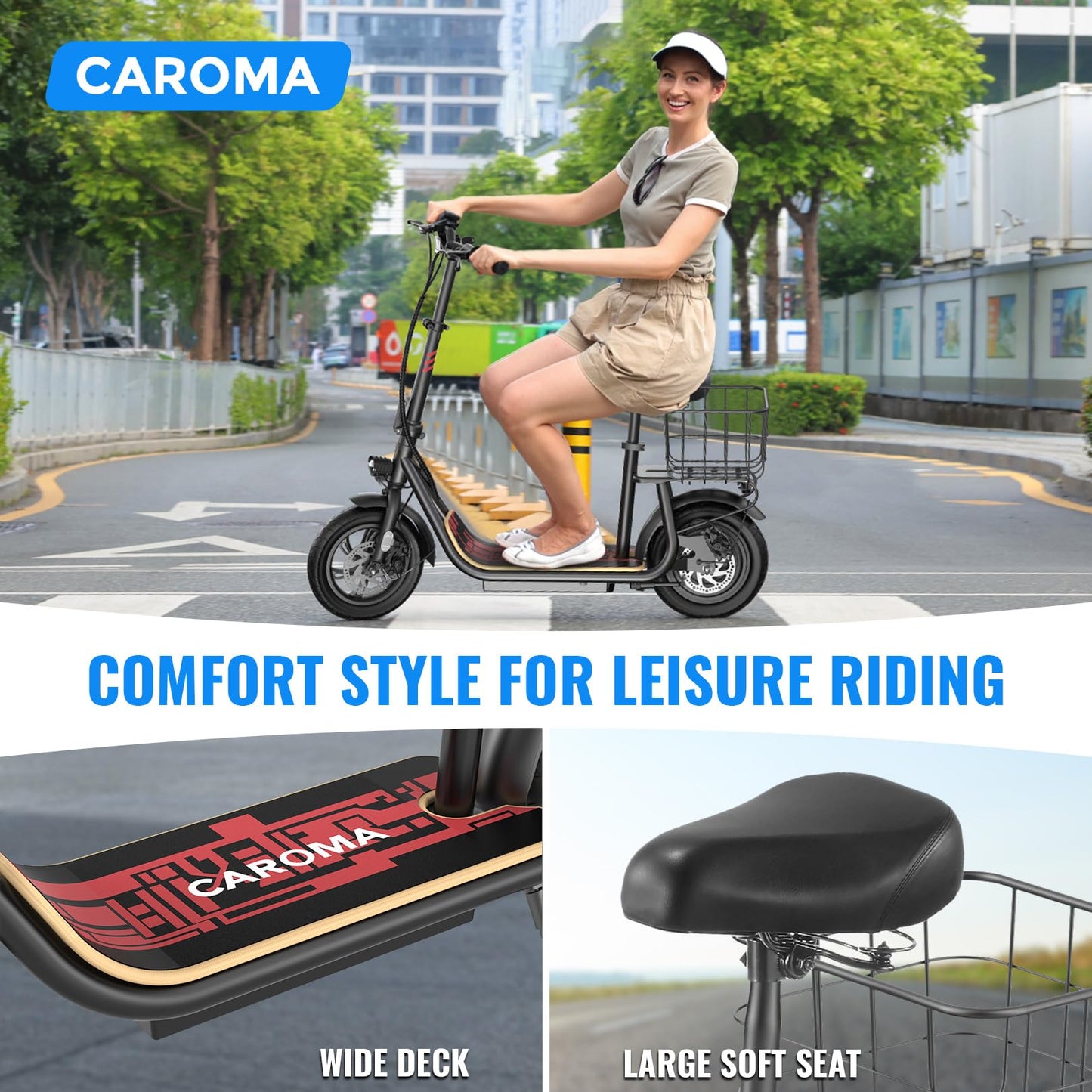 Caroma Peak 1200W Electric Scooter Adults, Electric Scooter with Seat and 12" Shock-Absorbing Tires, 500Wh Battery up to 30Miles&20MPH, Foldable Adult with Basket for Commuting(Black)