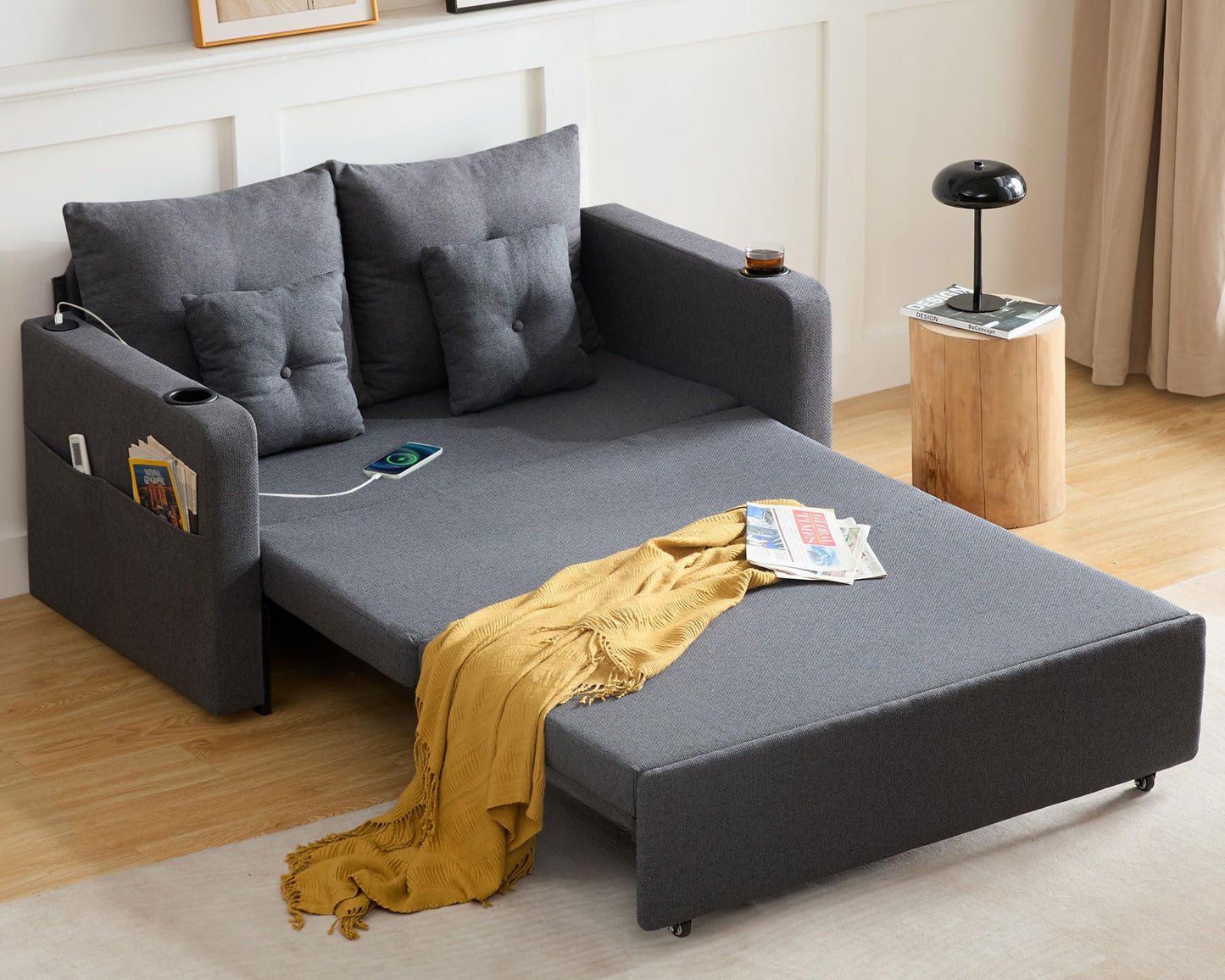 Busaurus 3 in 1 Convertible Sofa Bed, 56" Full Size Loveseat Sleeper Sofa Couch Bed, Sleeper Sofa Bed with Storage Pocket, USB, Comfy Pull Out Sofa Bed for Living Room, Bedroom, Small Space, Dark Grey