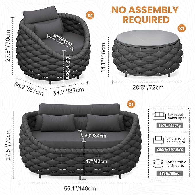 Erotr Cushioned Outdoor Patio Furniture Set: 6 Pieces Aluminum Porch Conversation Sofa Set - Modern Hand Woven Rope Deck Couch Set - Assembled All Weather for 661lbs Garden Yard Pool Hotel, Dark Gray