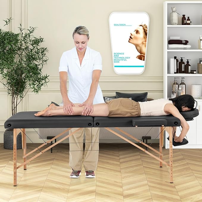 Giantex Massage Table, Portable Massage Bed w/Carrying Case, 2-Section Salon Spa Facial Care Tattoo Bed, Height Adjustable, Wood Frame, Professional Massage Lash Bed for Eyelash Extension (Black)