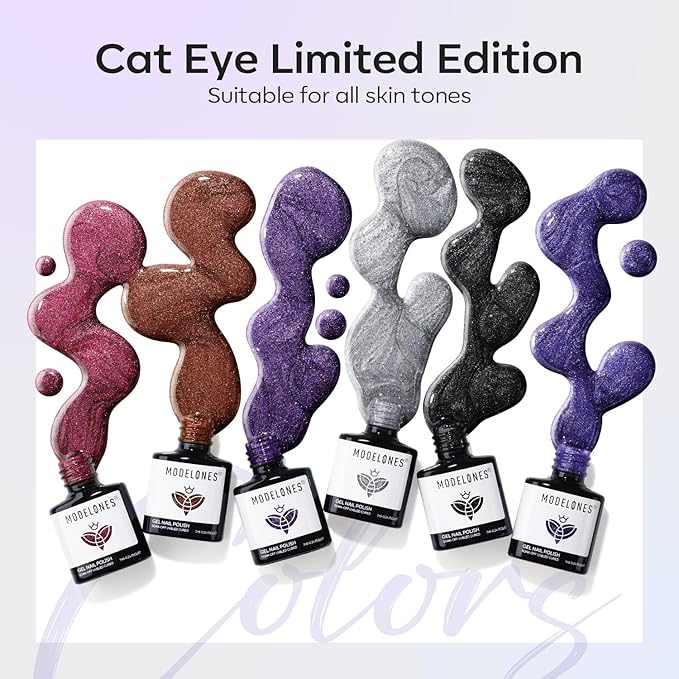 Modelones Cat Eye Gel Nail Polish Set, 6 Colors Fall Winter 9D Glassy Cat Eye Glitter Gel Polish Black Red Purple Blue Silver Brown Nail Polish with Magnet Soak Off LED DIY Salon Gift