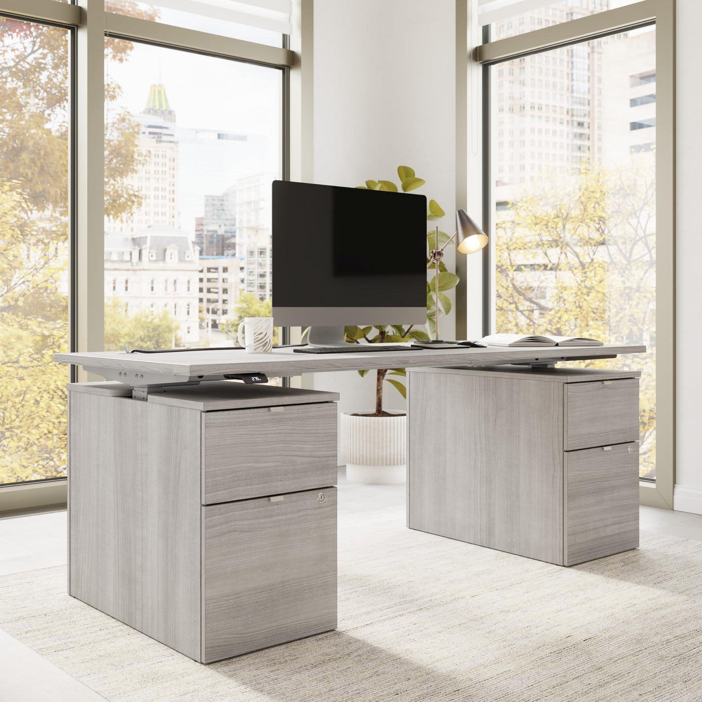 Bush Business Furniture 72-inch Electric Height Adjustable Standing Desk with Drawers, Ergonomic Sit-Stand Computer Table for Office, Stratus Collection, Platinum Gray with Metallic Gray Base