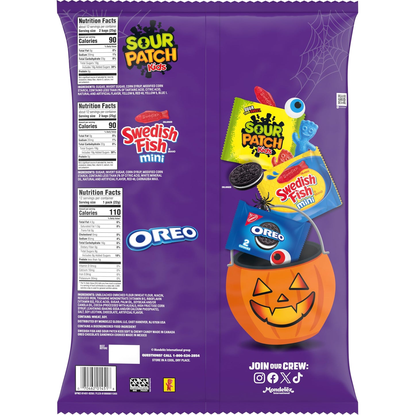 SOUR PATCH KIDS and SWEDISH FISH Mini Soft & Chewy Candy and OREO Chocolate Sandwich Cookies, Halloween Candy and Cookie Variety Pack, Bulk Candy, 60 Trick or Treat Bags
