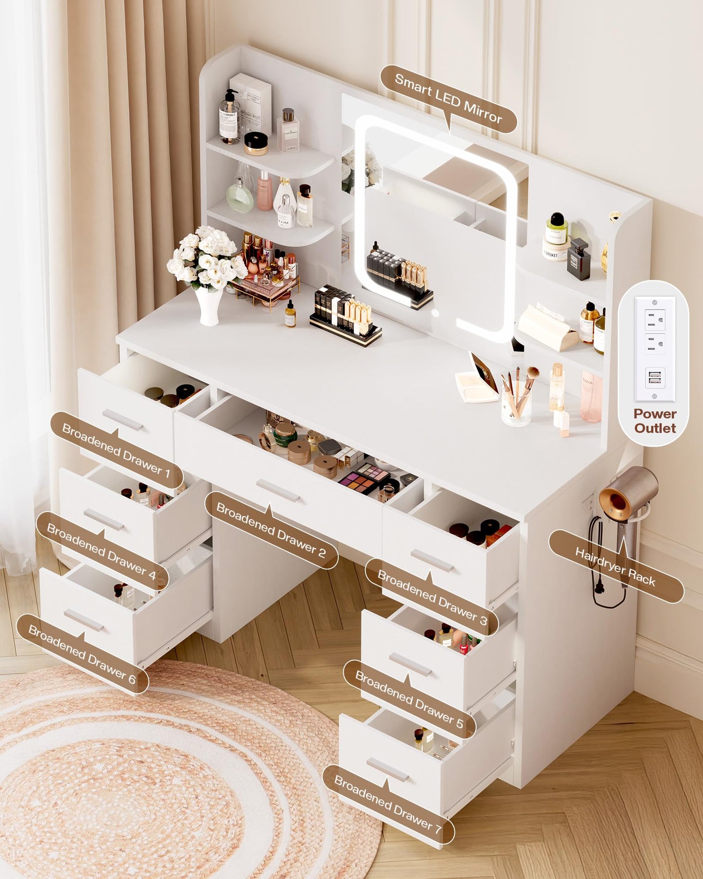 LIVELYGLOW 43" Large Makeup Vanity Desk with Smart LED Mirror and Charging Station, Professional Bedroom Dressing Table with 7 Drawers, 4 Storage Shelves & Hairdryer Holder, White